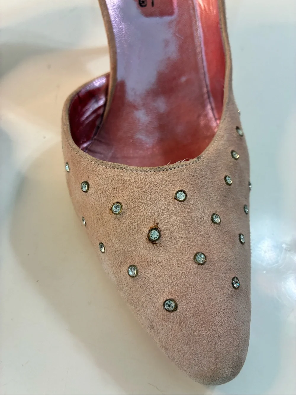 Garolini 10M Women’s Suede Pointed Toe Slip-On Rhinestone Pink Pumps Italy READ